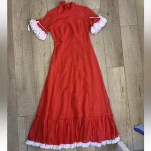 Vintage 1970s Miss Elliette Maxi Dress Red Polka dot Ruffle Sleeves